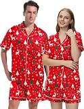 Guriyzee Matching Christmas Pajamas for Couples Satin Short Sleeve Sleepwear 2 Pcs Button Down Pjs Mens Christmas Pajamas Loungerwear Red Elk Small
