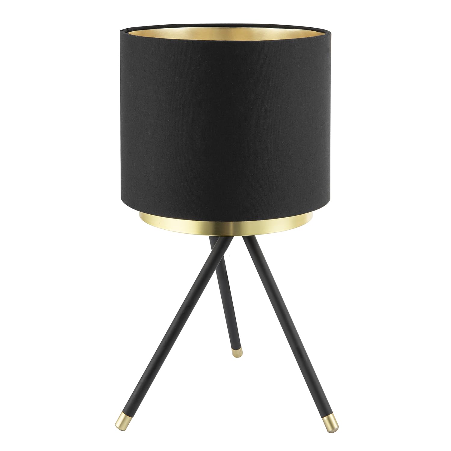 Happy Homewares Black Tripod Table Lamp with Gold Metal Ring & Cotton Drum Shade - 35cm