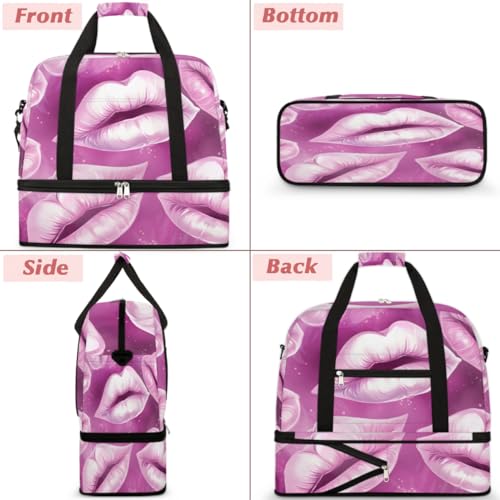 Foldable Travel Duffel Bag for Women, Overnight Weekender Bag Lips Pattern Carry on Duffel Bag Luggage Sports Gym Tote Bag with Shoes Compartment, Water Rresistant Shoulder Bag,C6413