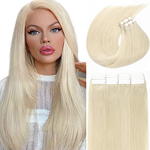 Loxxy Tape in Natural Hair Extensions Remy Human Hair Tape in Extensions Double Sided Unprocessed Brazilian Skin Weft Tape Hair Extensions #60A Platium Blonde 20pcs 50/ Pack 16Inch