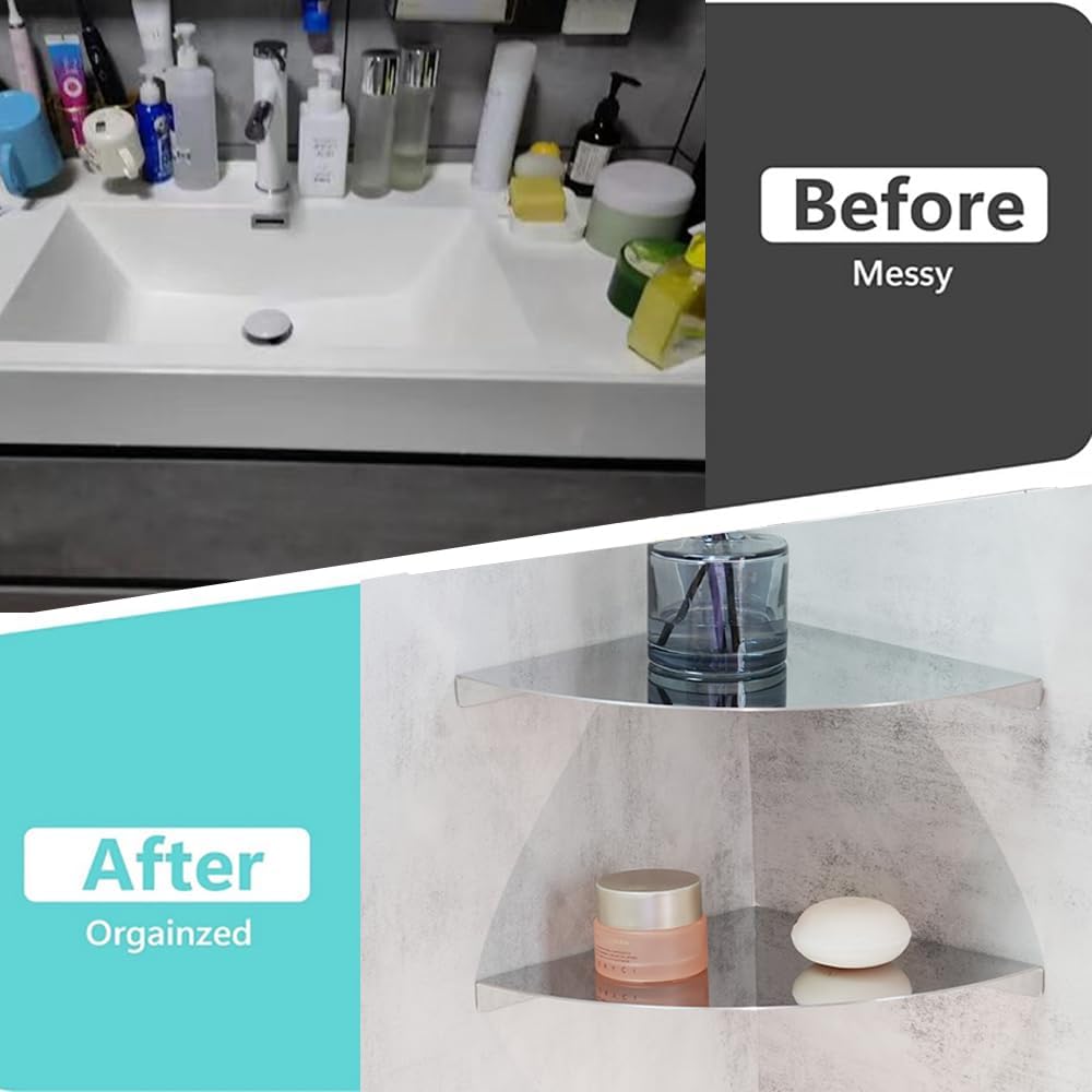 2-Pack Chrome Shower Corner Shelf 304 Stainless Steel Bathroom Shower Caddy Wall Mounted 7.87in Triangular Corner Shelf for Bathroom Kitchen Balcony