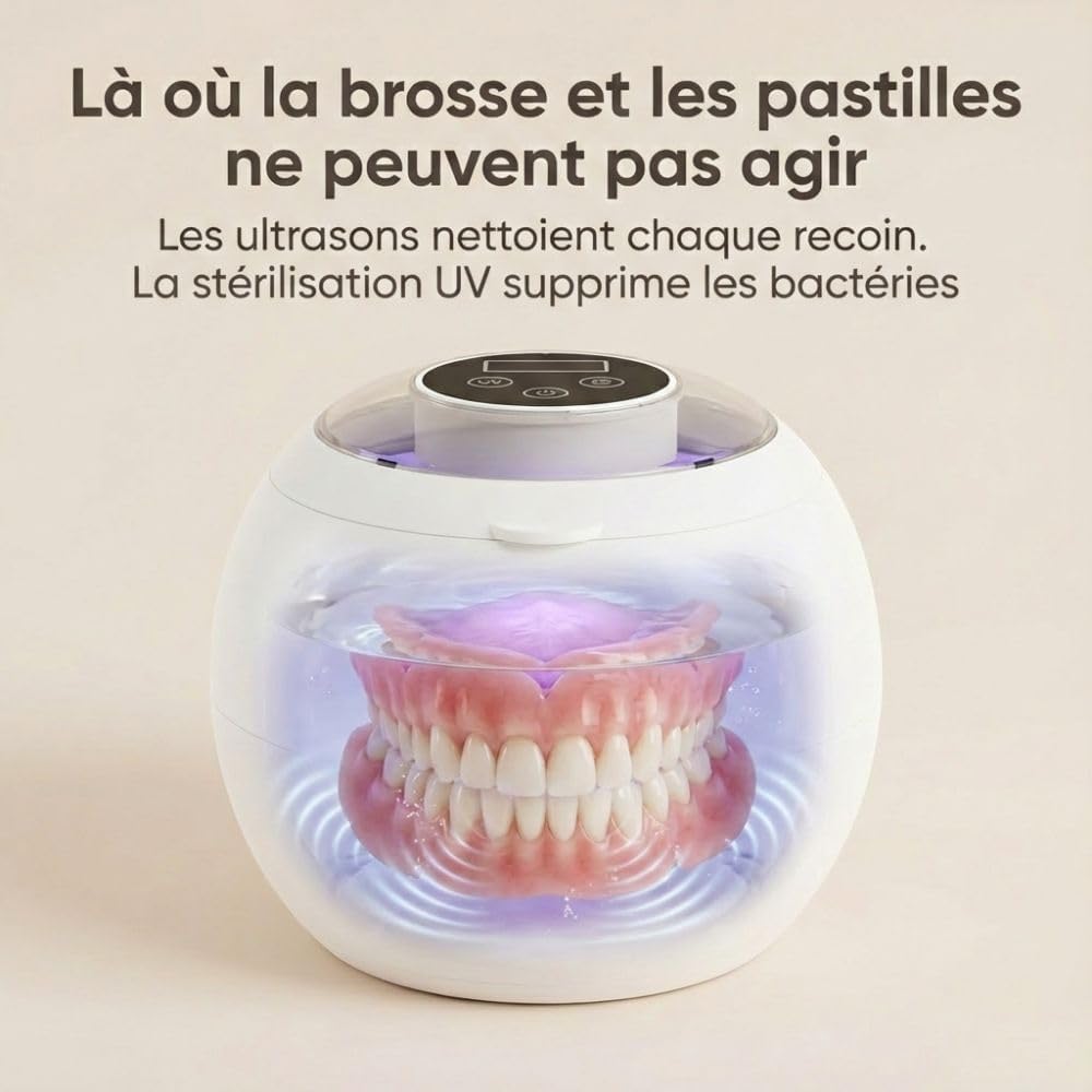 Dentaclean Nettoyeur Ultrasons 42000Hz Stérilisateur Ultrasonique UV Pour Gouttières Dentiers Aligneurs Blanc