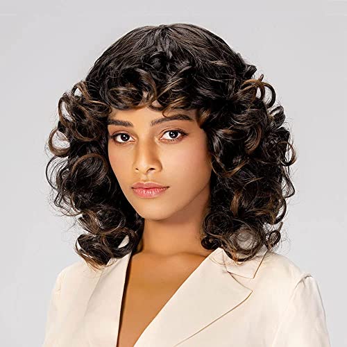 AISI QUEENS Brown Curly Wigs Bouncy Wigs with Bangs Synthetic Fluffy Hair Wigs for Women Natural Looking Costume Wig Heat Resistant Fiber for Daily Party Use