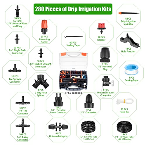 280 Pcs Drip Irrigation Kit, 147Ft Garden Watering System 1/2 1/4 In Distribution Tubing Hose Automatic Patio Misting System Micro Automatic Drip Irrigation For Plant Garden Greenhouse Patio Lawn #TOP1