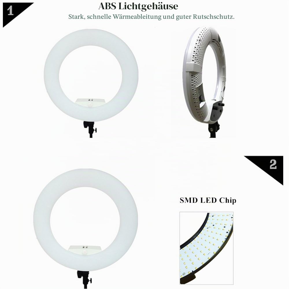 18 "LED Ringlicht Kit zweifarbig dimmbar Fotostudio Video Portrait Film Selfie Youtube Fotografie Beleuchtungsset mit Handy- / Kamerahalter, Kosmetikspiegel, Ständer und Reisetasche