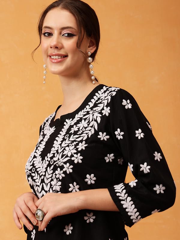 Image of Ada Women's Muslin Straight Fit Tunic Hand Embroidered Lucknowi Chikankari Straight Top Short Kurti A911420
