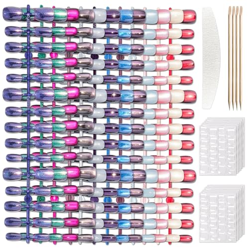 360 pcs Cat Eye Press on Nails for Women 12 Colors Glossy Glitter Short Square Reusable in 15 SizesNatural Fake Nails Tips Fine Diamond Shine Glossy Ombr with Salon Quality Press on Nails Kit