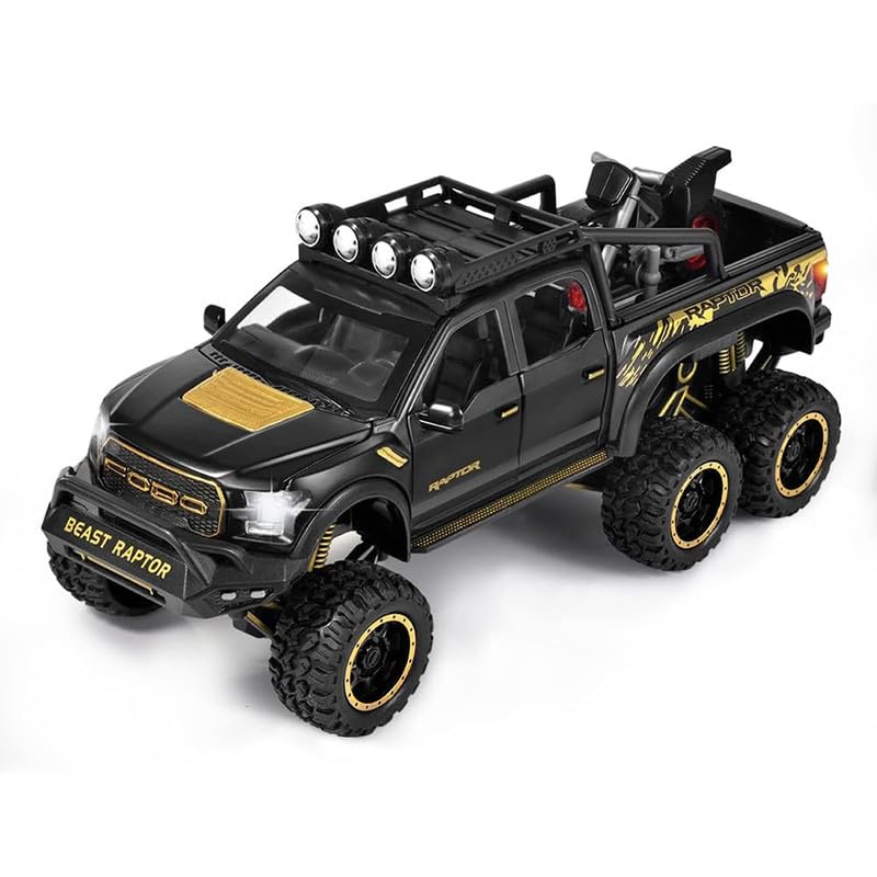 Image of New 1:24 Raptor F150 Diecast Alloy Metal Pull Back Car with Openable Doors Music Sound and Light Vehicle Toy Car for Kids Boys (Black)