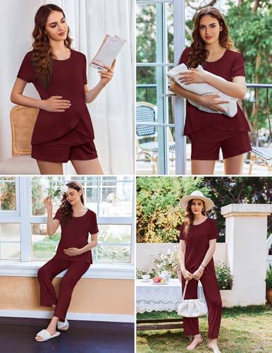 Image of Ekouaer 3 PCS Maternity Nursing Pajamas Set Postpartum Breastfeeding Short Sleeve Shirts, Pregnancy Shorts & Pants Pjs S-XXL