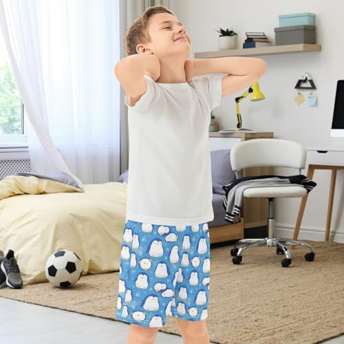 Boys Athletic Shorts with Pockets Cute Blue Penguin Running Basketball Shorts for Youth Elastic Waist Size 7-83
