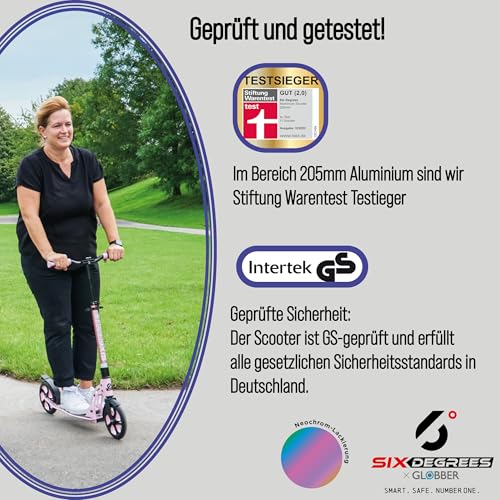 SIX DEGREES Aluminium Scooter mit Klappmechanismus u. St&auml;nder, 205 mm, h&ouml;henverstellb, GS-gepr&uuml;ft, neochrome, TESTSIEGER