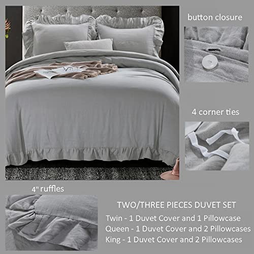 Meadow Park 100% Stone Washed French Linen Duvet Cover Set 3 Pieces, Full/Queen 90 Inches X 92 Inches, Shams 20 Inches X 26 Inches, Ruffled Style, Button Closure, Corner Ties, Super Soft, Grey Color #TOP2