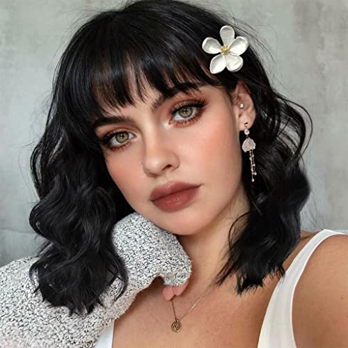 NOBLE Black Bob Curly Wavy Wig with Bangs for Women, Natural, Heat...