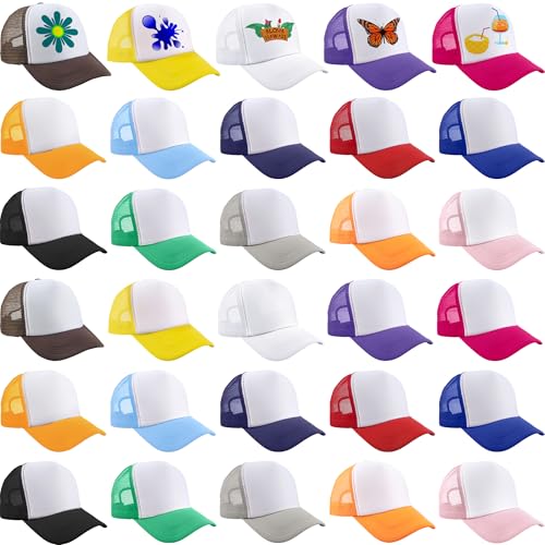 30 Pcs Kids DIY Sublimation Trucker Hats Mesh Baseball Caps Adjustable Trucker Cap for Boys Girls Running Cycling Outdoor (US Alpha One Size Color Set 1)