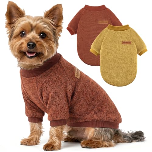 Image of 2 Pack Dog Sweaters for Small Dogs Girl Boy Winter Fleece Clothes Warm Soft Dog Sweatshirt Outfit for Dogs Cats Pet Apparel (Brown+Yellow, L (Back: 15.7 inch,Chest: 19.6 inch,14-18Ibs))