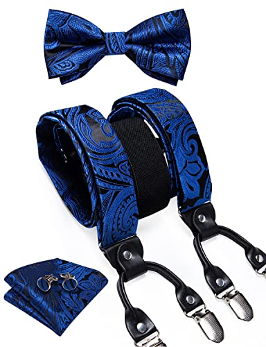 Image of DiBanGu Paisley Bow Tie and Supenders for Men Tuxedo Heavy Duty 6 Clips Suspender Adjustable Y-Shape Mens Trouser Braces