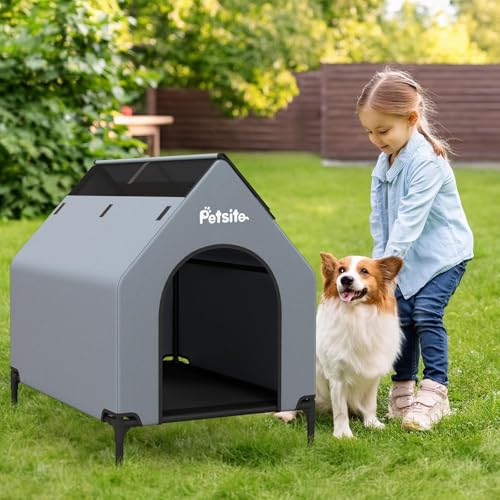 COSTWAY 2 in 1 Hundehütte & erhöhtes Hundebett, Hundeliege Outdoor, Haustierhaus mit atmungsaktivem Netzgewebe & Abnehmbarer Abdeckung, Hundehaus für kleine Hunde, Oxford, Grau (64 x 91 x 86 cm)