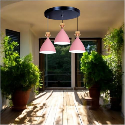 Image of Triple Dome Pink Aluminium Hanging Pendant Light - Modern Antique Ceiling Lamp, Adjustable Drop, E-27 Holder, Bulb is not Included, 3 Light Cluster Set
