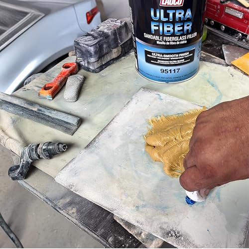 LAUCO Ultra Fiber Sandable Fiberglass Auto Body Filler, Bridges Holes, Water Resistant, Lightweight Filler for Fiberglass, Steel, Plastics, Base Color of Yellow-Green, 3 Liters + 2 Hardener- 95117