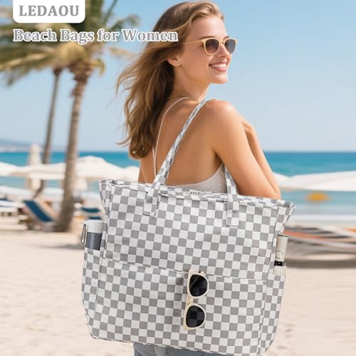 Image of LEDAOU Beach Bag Waterproof Sandproof Women Beach Tote Pool Bag with Zipper for Swim Gym Grocery Travel with Wet Pocket | Sandproof