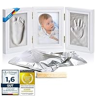 all Kids United® Baby Bilderrahmen Abdruck-Set - Gips-Abdruck Fotorahmen für Hand-Abdruck, Fuß-Abdruck & Fotos; Geschenk-Set für Geburt, Taufe, Baby-Part uvm. 3-teilig weiß (Gips)