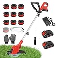 RAXONE 21V Cordless String Trimmer & Edger, 12" Auto-Feed Grass Cutter with 2.0Ah Battery & Fast Charger, 2-in-1 Electric Weed Wacker Lawn Tool for Yard Garden Maintenance-Red