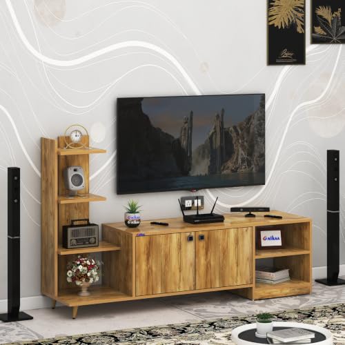 Image of Anikaa Moracca Engineered Wood Floor Standing Modern TV Unit with Side Shelves and 2-Door Cabinet & Open Storage Box Up to 43 inch Entertainment Units | For Living Room-Giantwood Finish | DIY-Installation