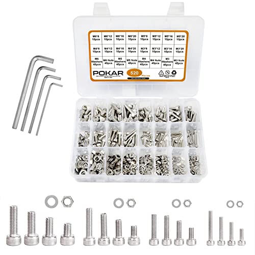 POKAR Tornillo Cabeza Hexagonal 520 Piezas con Hexágono Tornillos Hexagonales Inoxidable Set M3 M4 M5 M6 Cover