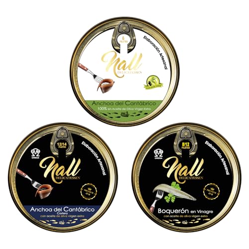 NALL DELICATESSEN (Pack 3 Latas) | Anchoas del Cantábrico XL 00 + Lata de Anchoas con Aceite de Oliva Virgen Extra + Lata de Boquerón en Vinagre | Elaboración Artesanal 100% AOVE
