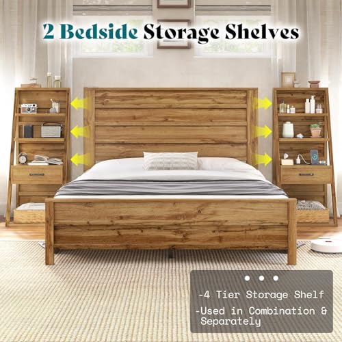 Image of AMERLIFE King Size Platform Bed Frame with Wide Headboard & Bookshelves