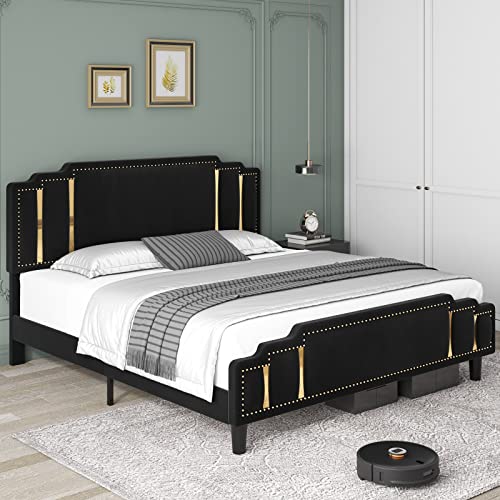 Hifit King Size Modern Velvet Upholstered Bed Frame With Adjustable Headboard, Studded With Golden Iron Slice & Rivets, Platform Bed Frame With No Noise, No Box Spring Needed, Easy Assembly, Black #TOP7