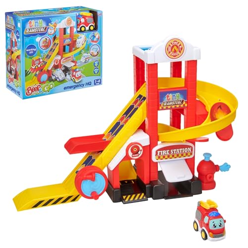 Tiny Teamsterz Beep & Go Fire Station HQ Playset for Kids | Includes 1 Free-Wheeling Fire Engine | Lights & Sounds | Rescue Toy for Toddlers | Emergency Vehicle Play | Ages 1-4 Years