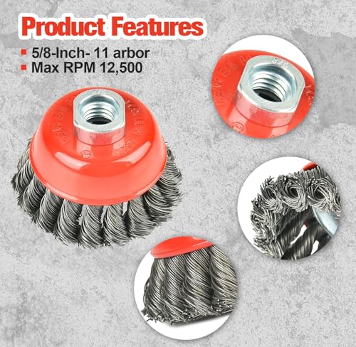Image of 20 Pack Wire Wheel Cup Brush, 3 Inch Twisted Knotted Wheel Brush with 5 /8 inch-11 Threaded Arbor for Angle Grinder, Max RPM 12,500, 0.020in Carbon Steel for Rust Removal, Abrasives