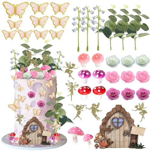 Décoration de Gâteau Fille, Décoration Gâteau Champignons, Papillon Cake Topper, Mini Champignons Decoration, Décoration Gâteau Feuille pour...