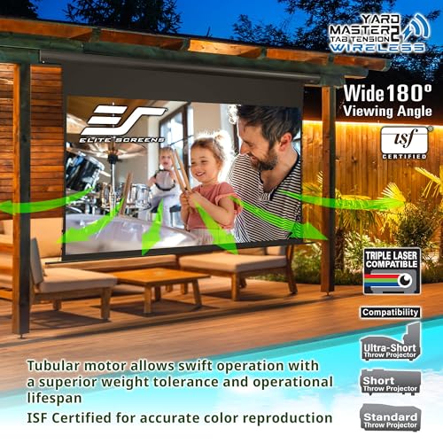 Image of Elite Screens Yard Master Tab-Tension 2 Wireless 140 Inch Outdoor Motorized Projector Screen, 16:9 Battery Operated, IP33 Rated, RF Remote, 4K 8K HDR - OMS140WHT2-ELECT-BAT