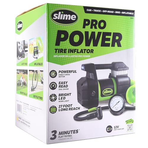 Image of Slime 40031 Tire Inflator, Portable Car, SUV, 4x4 Air Compressor, Pro Power, Heavy Duty, with Analog 150 psi Dial Gauge, Long Hose and LED Light, 12V, 3 min inflation