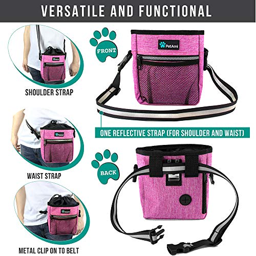 PetAmi Dog Treat Pouch, Pet Treat Pouch for Training, Dog Walking Bag Holder for Kibbles, Pet Food Toy, Dog Trainer Essentials Supplies, Poop Bag Dispenser, 3 Ways to Wear (Pink)