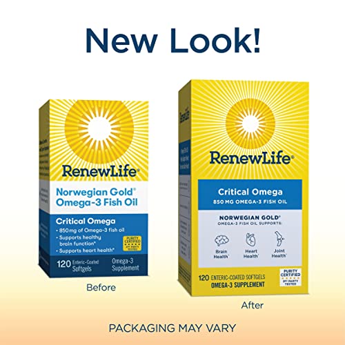 Renew Life Fish Oil, Norwegian Gold® Omega-3 Supplement — Critical Omega-3 Fish Oil Supplement, Dairy & Gluten Free, Supports Healthy Heart & Brain Function, Burp-Free - 120 Softgel Capsules #TOP2