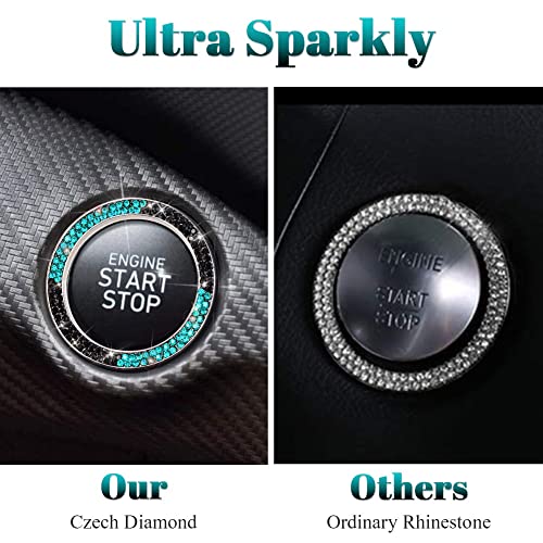 Image of ToBeQueen Teal Push Start Button Cover Emblem Sticker, Interior Crystal Diamond Rhinestone Blue Bling Car Starter Ring Decoration, Turquoise Bling Car Accessories for Women, Black and Lake Blue