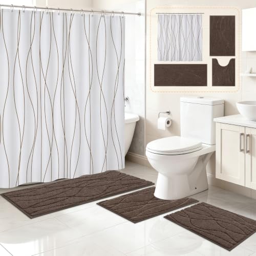 HEBE Microfiber Bathroom Rugs 3 Pieces with Shower Curtain Set, Brown by HEBE RUGS - Used condition - Image 8