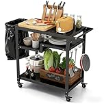 SPOTRAVEL Outdoor Grill Dining Cart, Movable BBQ Trolley with 4 Lockable Wheels, 4 Hooks, Garbage Bag Rack & Side Handle, Metal Serving Cart Food Prep Table for Garden Patio (111 x 50 x 93 cm)