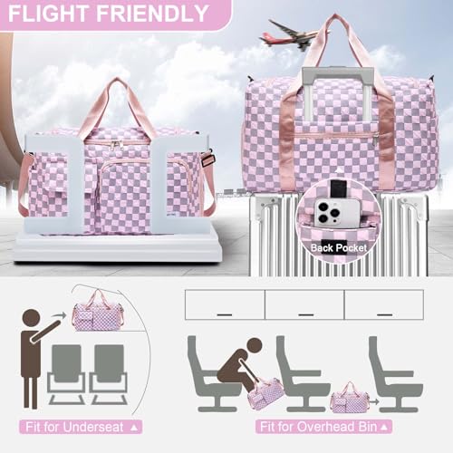 Image of BEULPTN Small Gym Bag for Women, Travel Duffel Bag Carry On Weekender Bag with Shoe Compartment, 39#pink Checkered