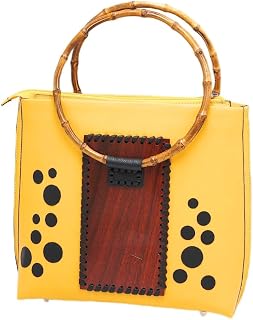 KarinaFashion Handmade Italian Leather Padauk Wood Tote with Bamboo Handles - Luxury Boho Chic Women's Shoulder Bag