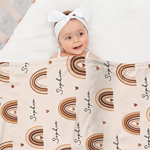 Image of Personalized Baby Blanket with Name, Custom Nursery Blankets with Boho Rainbow, Personalized Gifts for Newborn Infant Baby Girls, Easter Birthday Shower Gifts for Kids Girls