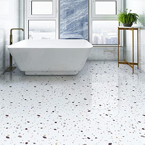 Peel & Stick Floor Tiles Self Adhesive Vinyl Flooring, 10 Sheets - 12\" x 12\", DIY Flooring for Kitchen Living Room Waterproof RemovableTerrazzo Look (12x12 Inches, White-Off Terrazzo, 10) - Thumbnail 2