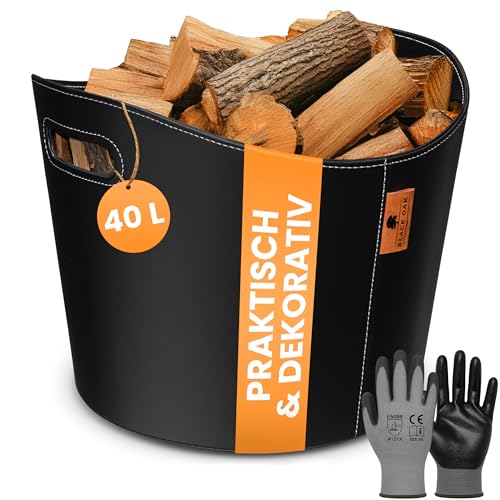 BLACK OAK DAKOTA L 40L Holzkorb für Kaminholz - Kunstleder schwarz 30kg Traglast - 40 Liter 40x38x32cm - Kaminholzkorb Holzkorb Brennholzkorb Tasche Korb für Holz Transport & Aufbewahrung schwarz