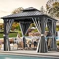 YITAHOME 10X10FT Hard Top Metal Gazebo Patios Double Roof Canopy Aluminum Frame Garden Gazebo Tent Curtains Netting for Patios Backyards Decks Lawns Gray