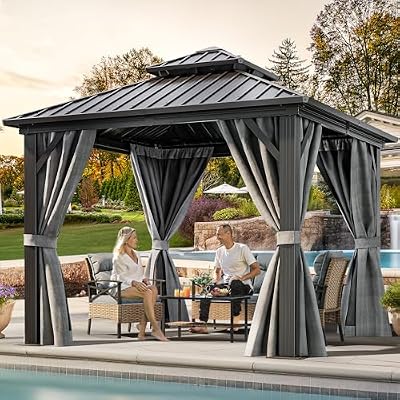 YITAHOME 10X10FT Hard Top Metal Gazebo Patios Double Roof Canopy Aluminum Frame Garden Gazebo Tent Curtains Netting for Patios Backyards Decks Lawns Gray