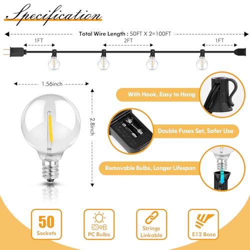 100FT LED Outdoor String Lights Patio Light with 52 Shatterproof G40 Dimmable Globe Bulb, 2-Pack 50FT Waterproof Outside Hanging String Light for Christmas Backyard Porch Balcony Gazebo Party by Brightever - Image 6