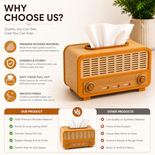 Image of Retro Wooden Tissue Box with Storage Drawer | Vintage Tissue Paper Holder for Home, Office & Car | Multipurpose Decorative Organizer Box